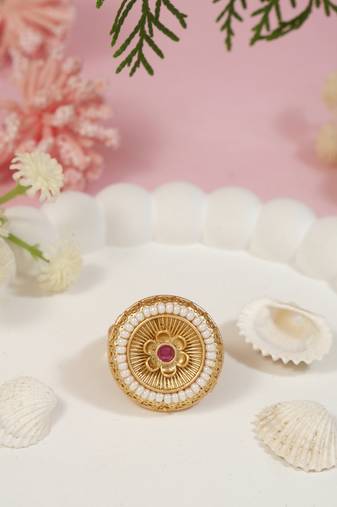 Gold plated traditional floral design with pearl comfort fit finger ring for women (fl272)
