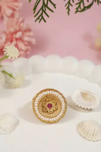 Gold plated traditional floral design with pearl comfort fit finger ring for women 
