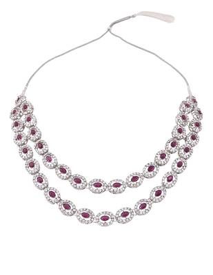 Silver plated stylish design crystal diamond oval shape necklace with earrings & maang tikka jewellery 3