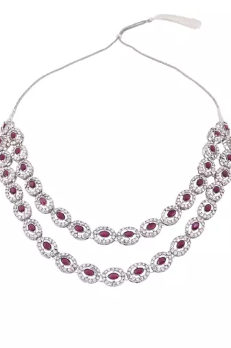 Silver plated stylish design crystal diamond oval shape necklace with earrings & maang tikka jewellery