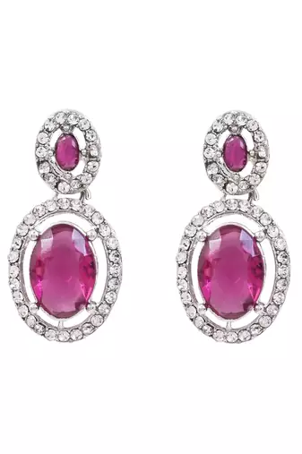 Silver plated stylish design crystal diamond oval shape necklace with earrings & maang tikka jewellery