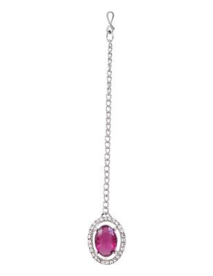 Silver plated stylish design crystal diamond oval shape necklace with earrings & maang tikka jewellery 5