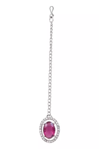 Silver plated stylish design crystal diamond oval shape necklace with earrings & maang tikka jewellery
