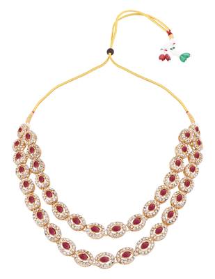 Gold plated stylish design crystal diamond oval shape necklace with earrings & maang tikka jewellery 3