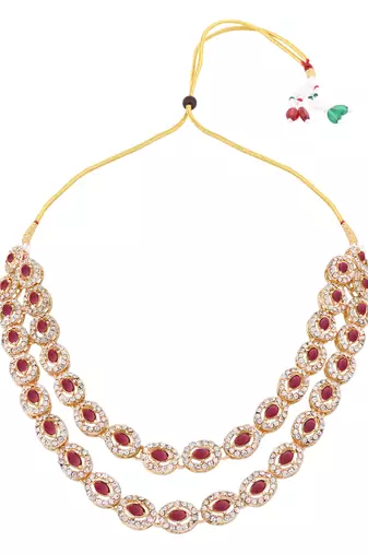 Gold plated stylish design crystal diamond oval shape necklace with earrings & maang tikka jewellery