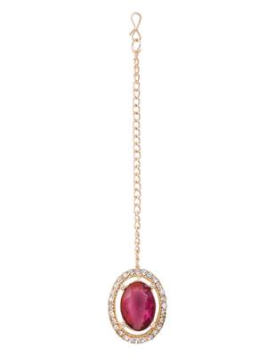 Gold plated stylish design crystal diamond oval shape necklace with earrings & maang tikka jewellery 5