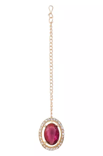 Gold plated stylish design crystal diamond oval shape necklace with earrings & maang tikka jewellery