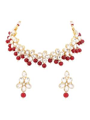 Gold plated traditional handcrafted stone choker necklace jewellery set with earrings for women (ij374m) 2