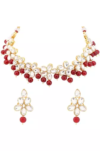 Gold plated traditional handcrafted stone choker necklace jewellery set with earrings for women (ij374m)
