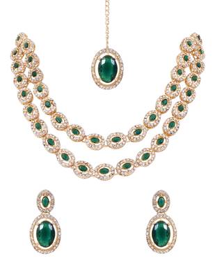 Gold plated stylish design crystal diamond oval shape necklace with earrings & maang tikka jewellery 3