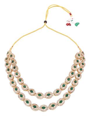 Gold plated stylish design crystal diamond oval shape necklace with earrings & maang tikka jewellery 4