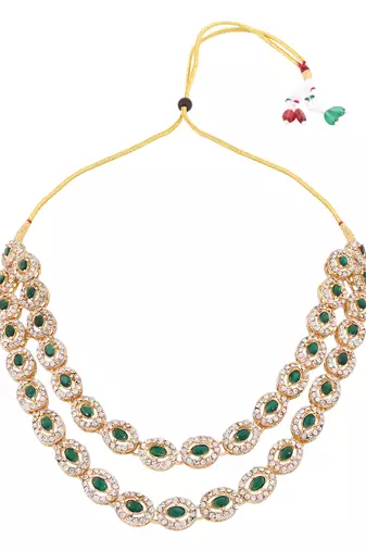 Gold plated stylish design crystal diamond oval shape necklace with earrings & maang tikka jewellery