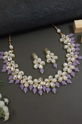 Gold plated traditional handcrafted stone choker necklace jewellery set with earrings for women (purple)