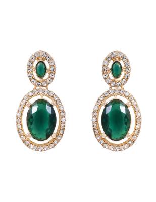 Gold plated stylish design crystal diamond oval shape necklace with earrings & maang tikka jewellery 5
