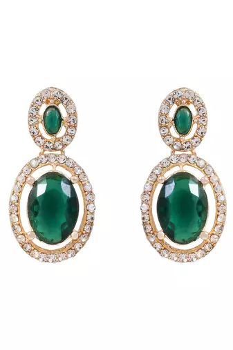 Gold plated stylish design crystal diamond oval shape necklace with earrings & maang tikka jewellery