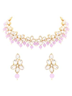Gold plated traditional handcrafted stone choker necklace jewellery set with earrings for women  2