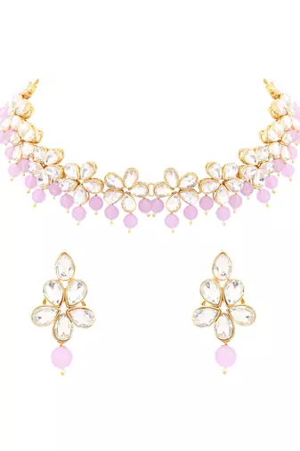 Gold plated traditional handcrafted stone choker necklace jewellery set with earrings for women 