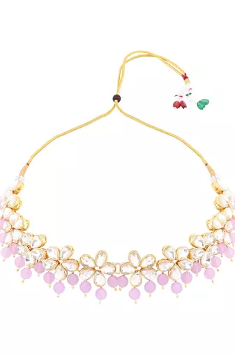 Gold plated traditional handcrafted stone choker necklace jewellery set with earrings for women 
