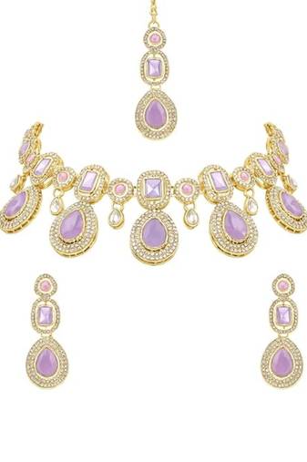 Traditional kundan & stone choker necklace jewellery with earrings & maang tikka set for women/girls (light purple)