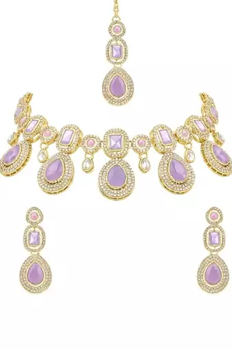 Traditional kundan & stone choker necklace jewellery with earrings & maang tikka set for women/girls (light purple)