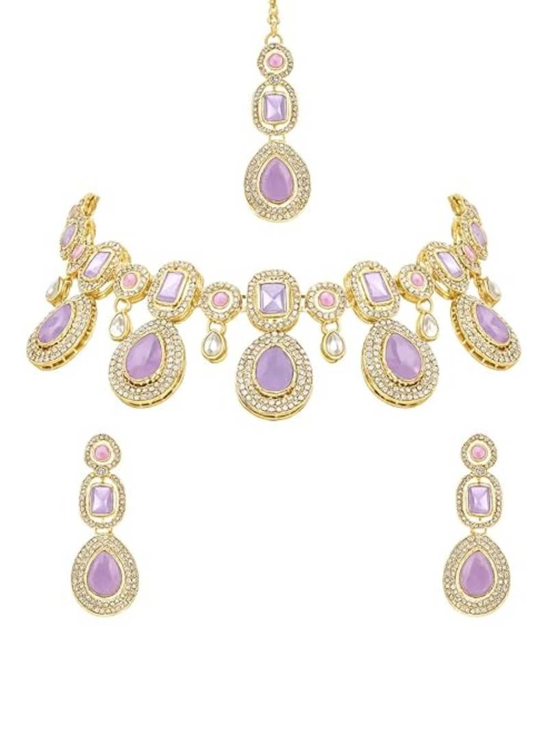 Traditional kundan & stone choker necklace jewellery with earrings & maang tikka set for women/girls (light purple)