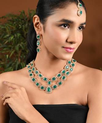 Gold plated traditional stone special necklace with earring & maang tikka set for women 1