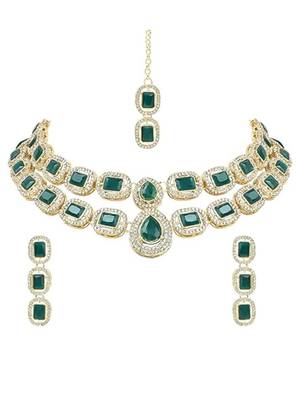 Gold plated traditional stone special necklace with earring & maang tikka set for women 3