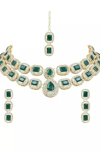 Gold plated traditional stone special necklace with earring & maang tikka set for women