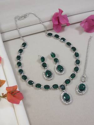 Silver plated stylish design crystal diamond necklace with earrings & maang tikka jewellery set for women  2