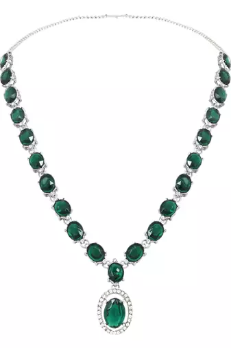 Silver plated stylish design crystal diamond necklace with earrings & maang tikka jewellery set for women 