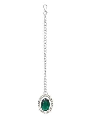 Silver plated stylish design crystal diamond necklace with earrings & maang tikka jewellery set for women  5