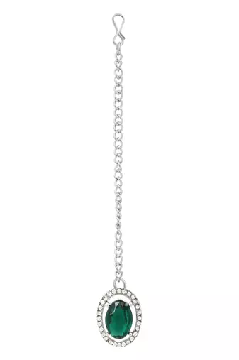Silver plated stylish design crystal diamond necklace with earrings & maang tikka jewellery set for women 