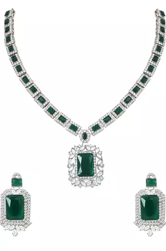Silver plated stylish design crystal diamond necklace & earrings jewellery set for women (silver green)