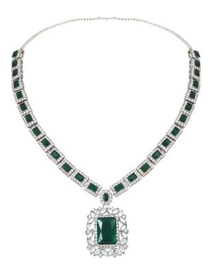 Silver plated stylish design crystal diamond necklace & earrings jewellery set for women (silver green) 4