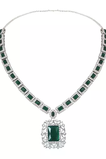 Silver plated stylish design crystal diamond necklace & earrings jewellery set for women (silver green)