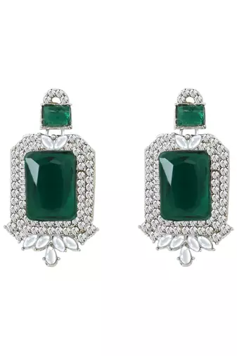 Silver plated stylish design crystal diamond necklace & earrings jewellery set for women (silver green)