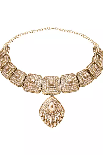Gold plated traditional square & stone choker necklace jewellery with earrings & maang tikka set for women 
