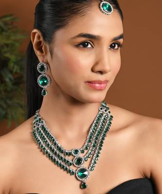 Gold plated traditional multi-layer round stone necklace jewellery with earrings & maang tikka set for women  1