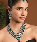 Gold plated traditional multi-layer round stone necklace jewellery with earrings & maang tikka set for women 