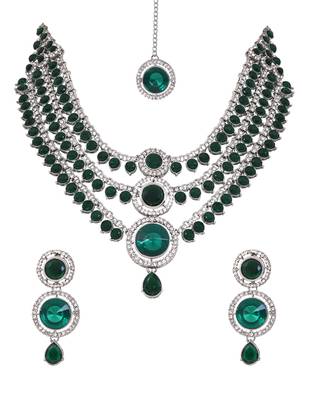 Gold plated traditional multi-layer round stone necklace jewellery with earrings & maang tikka set for women  2