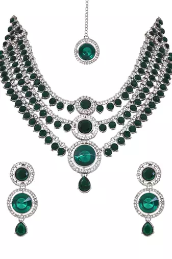 Gold plated traditional multi-layer round stone necklace jewellery with earrings & maang tikka set for women 