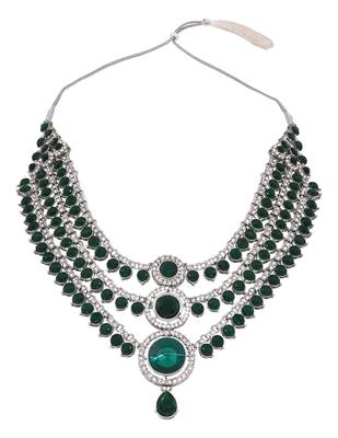 Gold plated traditional multi-layer round stone necklace jewellery with earrings & maang tikka set for women  3