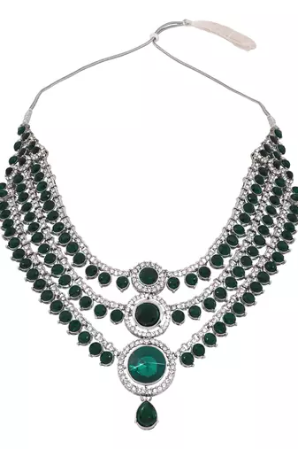Gold plated traditional multi-layer round stone necklace jewellery with earrings & maang tikka set for women 