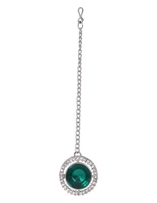 Gold plated traditional multi-layer round stone necklace jewellery with earrings & maang tikka set for women  5