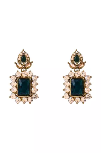 Gold plated stylish design crystal diamond necklace with earrings & maang tikka jewellery set for women 