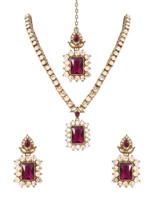 Gold plated stylish design crystal diamond necklace with earrings & maang tikka jewellery set for women  2