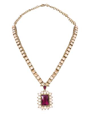 Gold plated stylish design crystal diamond necklace with earrings & maang tikka jewellery set for women  3