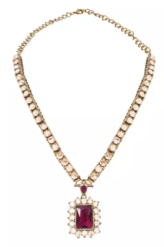 Gold plated stylish design crystal diamond necklace with earrings & maang tikka jewellery set for women 
