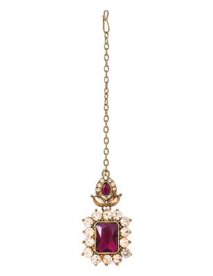 Gold plated stylish design crystal diamond necklace with earrings & maang tikka jewellery set for women  5