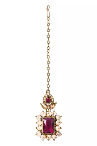 Gold plated stylish design crystal diamond necklace with earrings & maang tikka jewellery set for women 